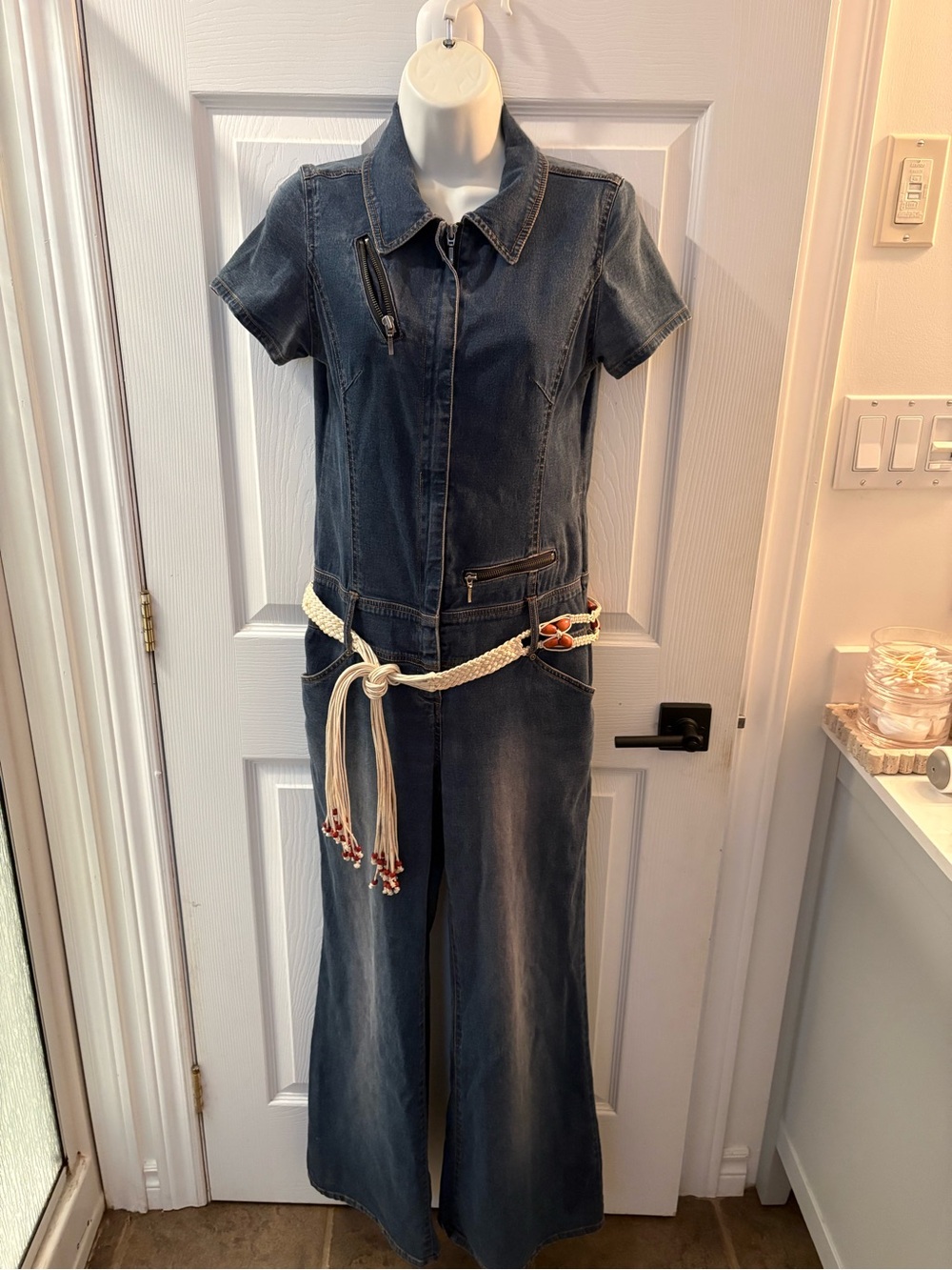 Vintage Nevada Women’s Dark Blue Denim Short-Sleeve Overalls with Rope Belt